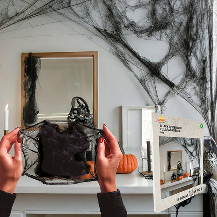 Halloween Hangdecoratie Zwart Spinnenweb 60gr van Fiestas Guirca koop je bij Partywinkel