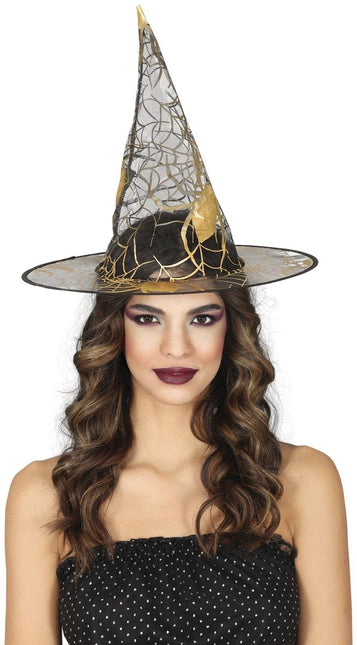 Halloween Heksenhoed Zwart Goud - Partywinkel - 8434077135204
