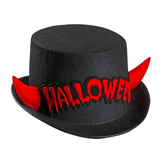 Halloween Hoge Hoed Zwart Rood Duivel van Widmann koop je bij Partywinkel