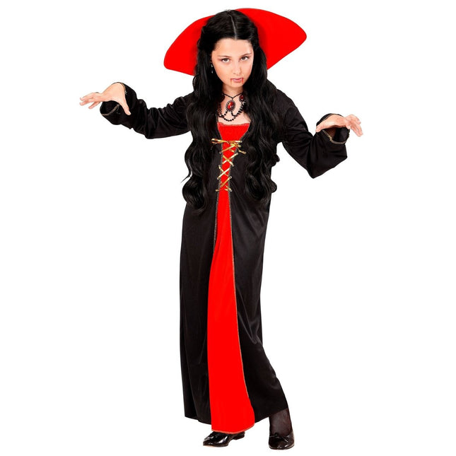 Halloween Jurk Rood Zwart Meisje Vampier 2 delig van Widmann koop je bij Partywinkel