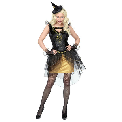 Halloween Jurk Zwart Goud Dames Heks van Widmann koop je bij Partywinkel