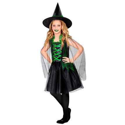 Halloween Jurk Zwart Groen Meisje Heks 2 delig van Widmann koop je bij Partywinkel