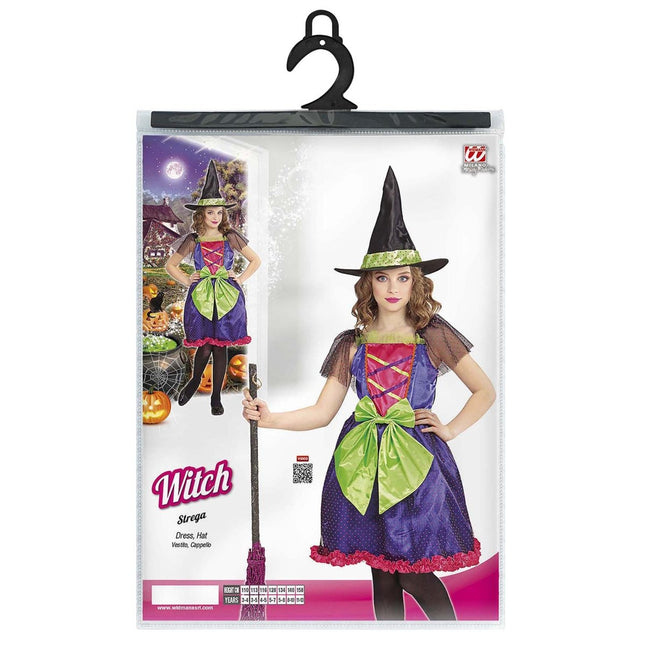 Halloween Kostuum Paars Groen Meisje Heks van Widmann koop je bij Partywinkel