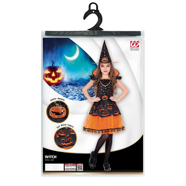 Halloween Kostuum Zwart Oranje Meisje Heks van Widmann koop je bij Partywinkel