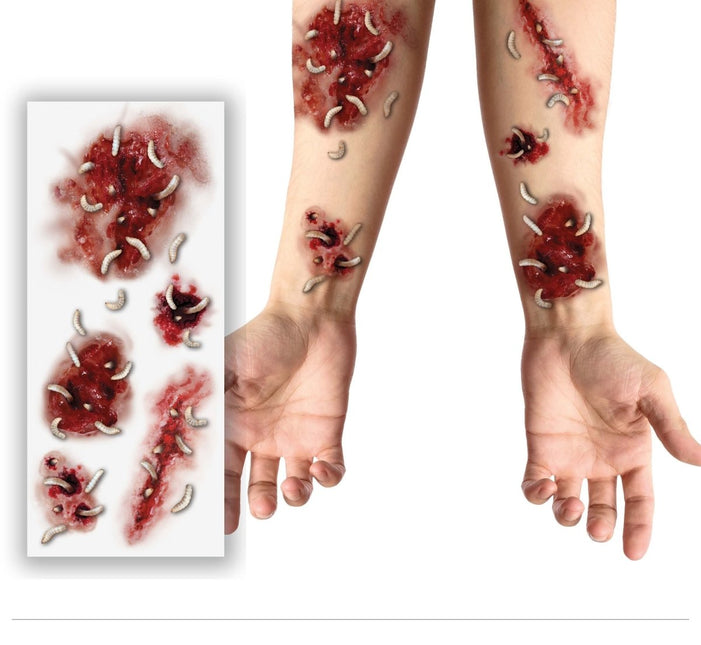Halloween Nep Tattoos Wonden Met Wormen 30cm - Partywinkel - 8434077157091