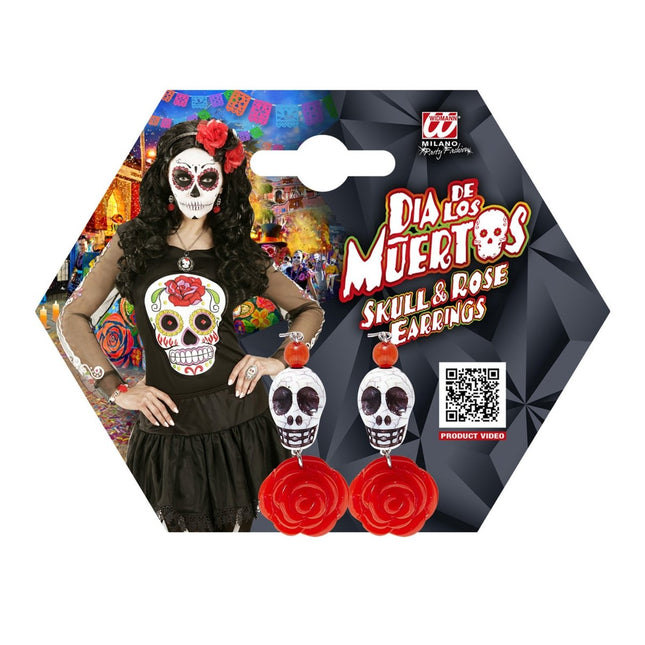 Halloween Oorbellen Rood Wit Schedels Met Roos van Widmann koop je bij Partywinkel