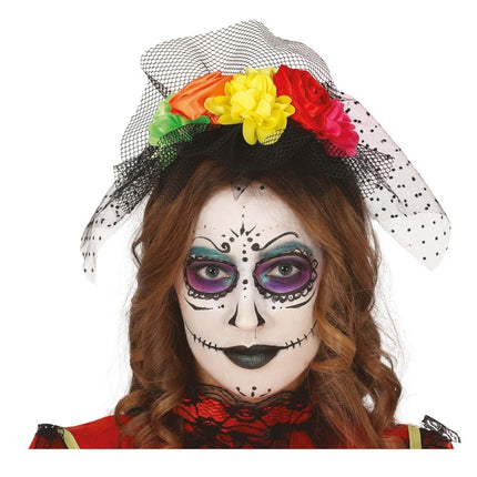 Halloween Tiara Bloemen En Sluier Gekleurd van Fiestas Guirca koop je bij Partywinkel