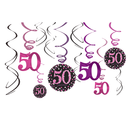 Hangdecoratie 50 Jaar Happy Birthday Roze 61cm 12st van Riethmueller koop je bij Partywinkel