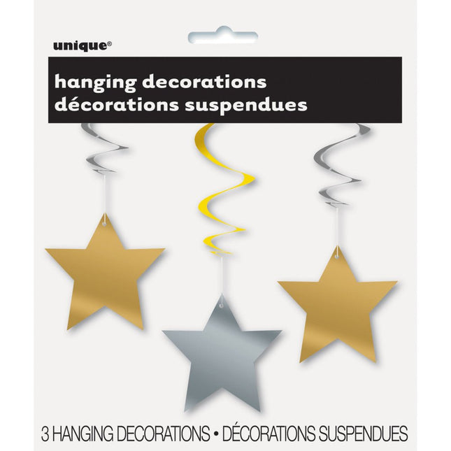 Hangdecoratie Ster Goud Zilver 66cm 3st van Unique koop je bij Partywinkel