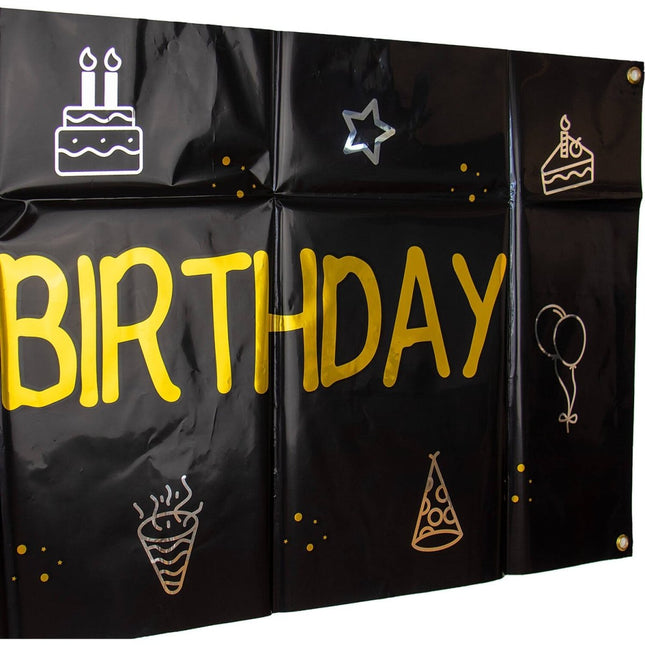 Happy Birthday Banner Zwart Goud 1,6m van Folat koop je bij Partywinkel