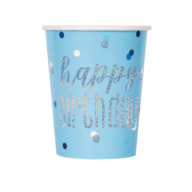 Happy Birthday Bekers Blauw Glitter 266ml 8st van Unique koop je bij Partywinkel