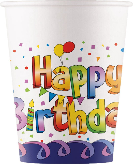 Happy Birthday Bekers Gekleurd 200ml 8st van Procos koop je bij Partywinkel