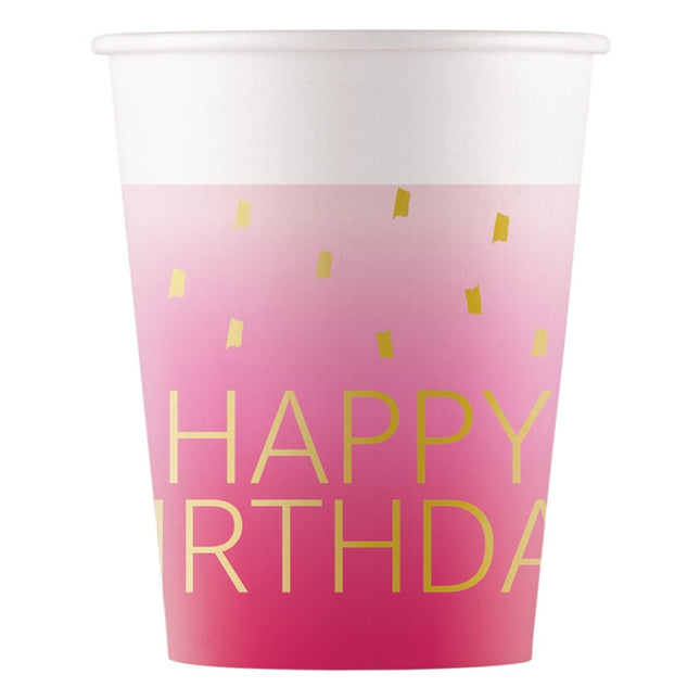 Happy Birthday Bekers Goud Roze 200ml 8st van Procos koop je bij Partywinkel