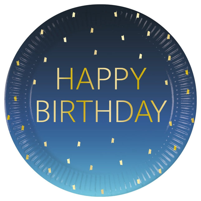 Happy Birthday Borden Blauw Goud 23cm 8st van Procos koop je bij Partywinkel