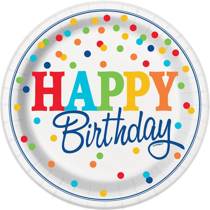 Happy Birthday Borden Stippen 23cm 8st van Unique koop je bij Partywinkel