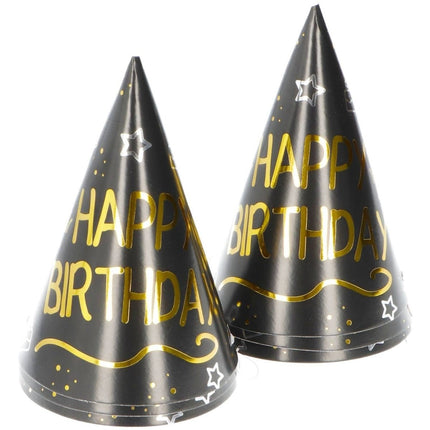Happy Birthday Feesthoedjes Zwart Goud 6st van Folat koop je bij Partywinkel