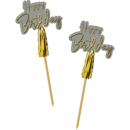 Happy Birthday Parasol Prikkers Golden Dawn 12cm 12st van Folat koop je bij Partywinkel