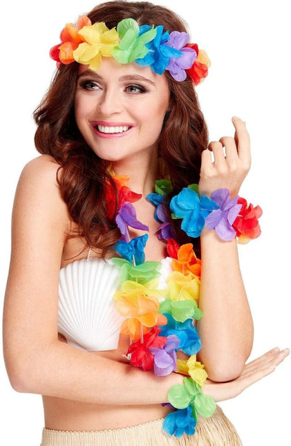 Hawaii Krans Set Regenboog 4 delig van Smiffys koop je bij Partywinkel