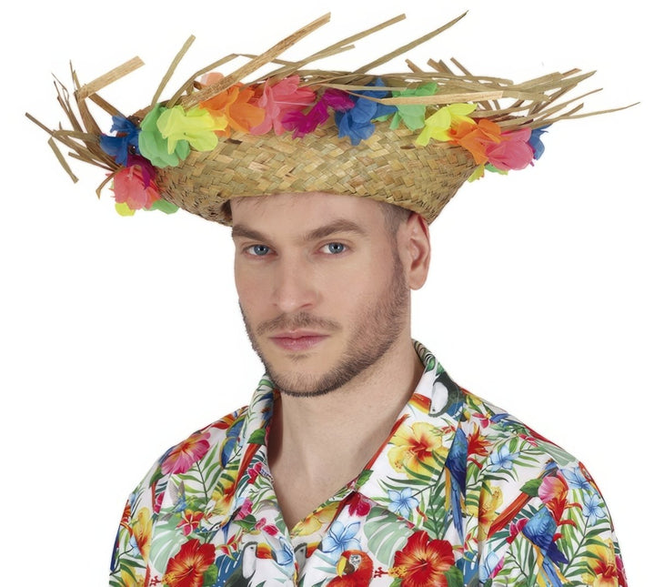 Hawaii Strohoed Met Bloemen van Fiestas Guirca koop je bij Partywinkel