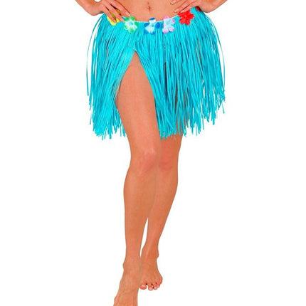 Hawaiirokje Lichtblauw Met Bloemenriem 40cm van Widmann koop je bij Partywinkel