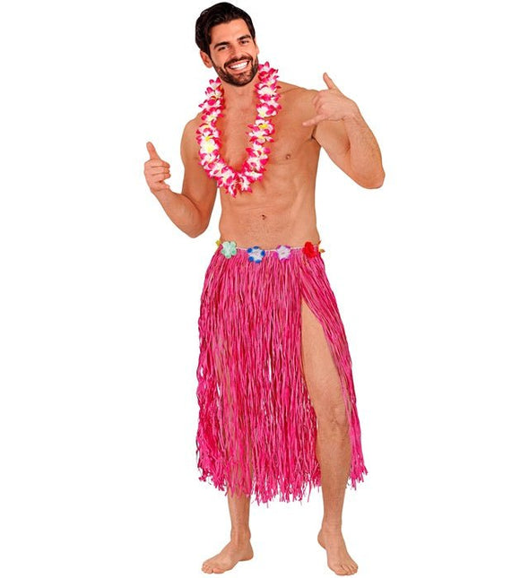 Hawaiirokje Roze Met Bloemenriem 80cm van Widmann koop je bij Partywinkel