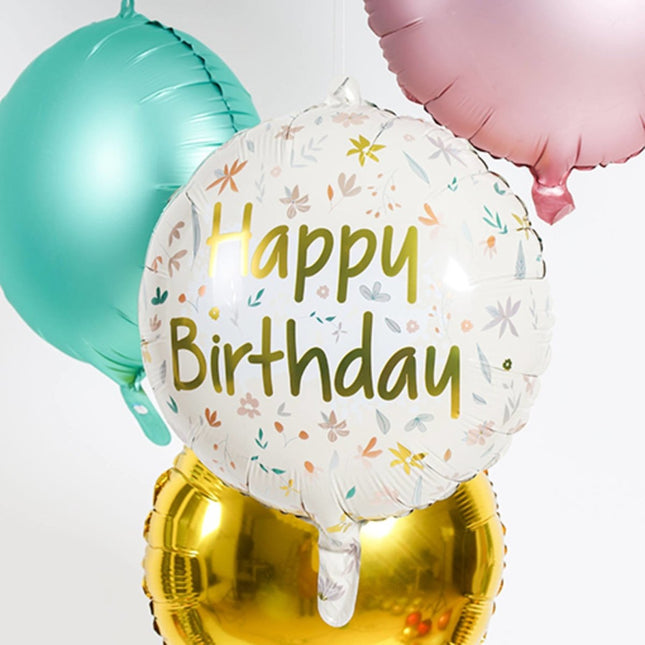 Helium Ballon Happy Birthday Bloemen Roze Goud Leeg 45cm van Folat koop je bij Partywinkel