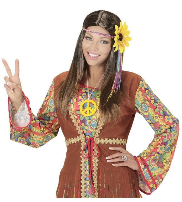 Hippie 60S Pruik Bruin Met Zonnebloem Haarband van Widmann koop je bij Partywinkel