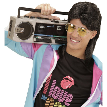 Jaren 80 Pruik Aso Zwart met Bril van Widmann koop je bij Partywinkel