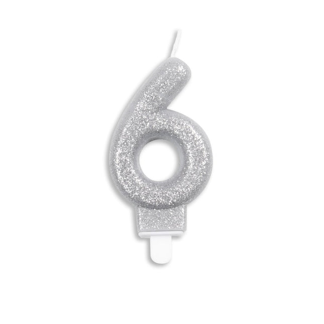 Kaars 6 Jaar Zilver Glitter 7cm van WeFiesta koop je bij Partywinkel