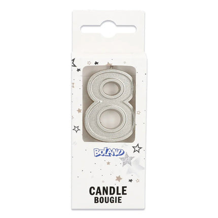 Kaarsje Elegant '8' zilver op prikker (3 x 4,2 x 0,7 cm) van Boland koop je bij Partywinkel