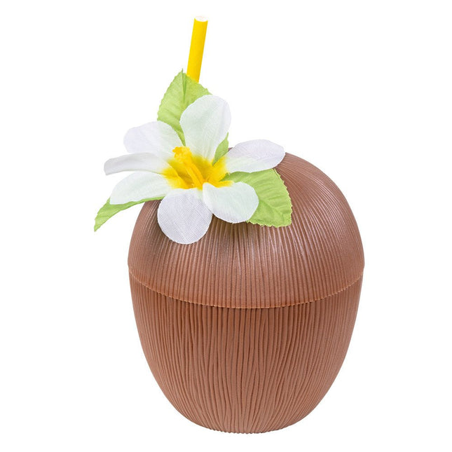 Kokosnoot Beker met Bloem Plastic 10cm - Partywinkel - 8712026523655