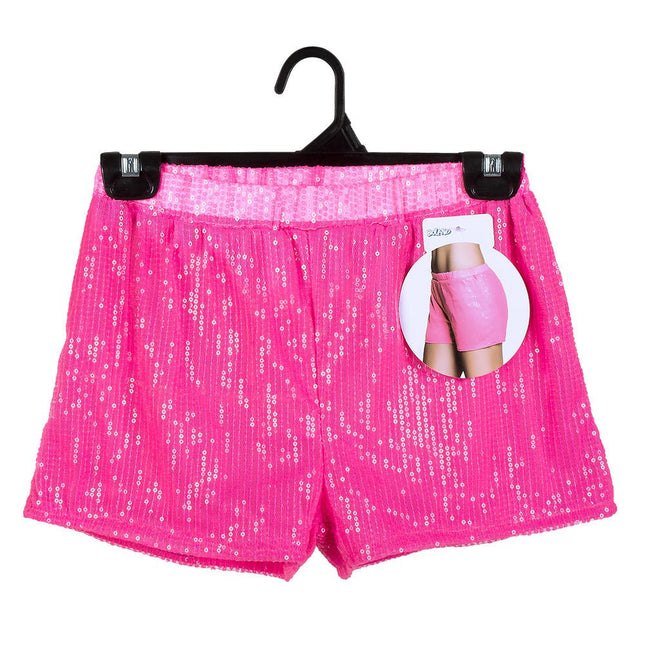Korte Broek Pailletten Neonroze M van Boland koop je bij Partywinkel