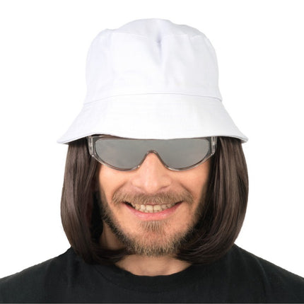 Lorenzo - Parrucca di capelli castano scuro con cappello a secchiello bianco