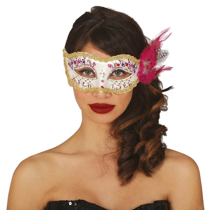 Masker Wit Roze Veren van Fiestas Guirca koop je bij Partywinkel