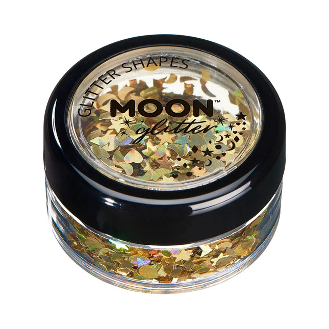Moon Glitter Holographic Glitter Shapes Gold 3g van Moon Creations koop je bij Partywinkel