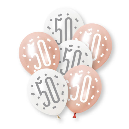 6ct Glitz Rose Gold Number 50 Assorted Platinum & Pearl Premium 30cm Latex Balloons