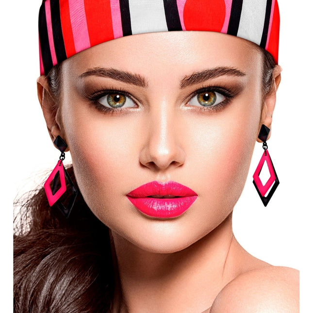 Neon 80S Oorbellen Zwart Roze van Widmann koop je bij Partywinkel