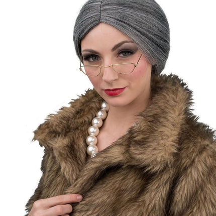 Oma Pruik Grijs met Knot en Bril van Orlob koop je bij Partywinkel