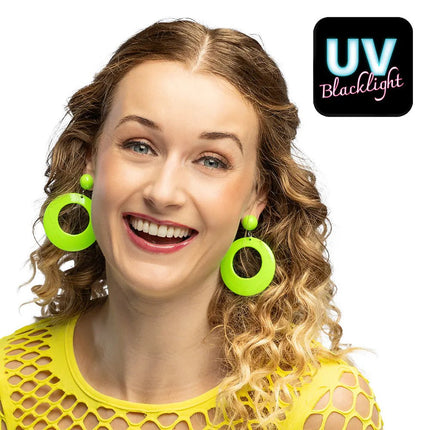Paar oorbellen Retro neongroen UV van Boland koop je bij Partywinkel