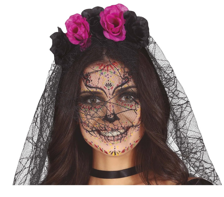 Paars Zwarte Haarband Met Sluier van Fiestas Guirca koop je bij Partywinkel