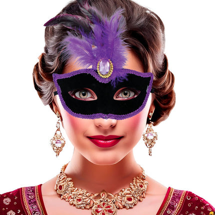 Paars Zwarte Oogmasker Veren van Fiestas Guirca koop je bij Partywinkel