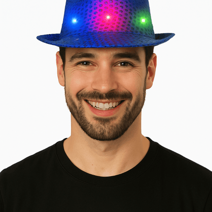 Pailletten Hoedje Blauw met Licht incl Batterijen van Partychimp koop je bij Partywinkel