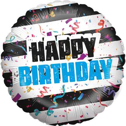 Palloncino ad elio "Happy Birthday" a righe bianche e nere, vuoto, 45 cm