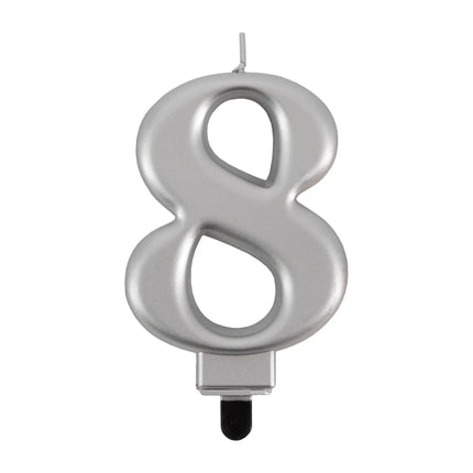 Candela "8 anni" argento metallizzato, 7 cm
