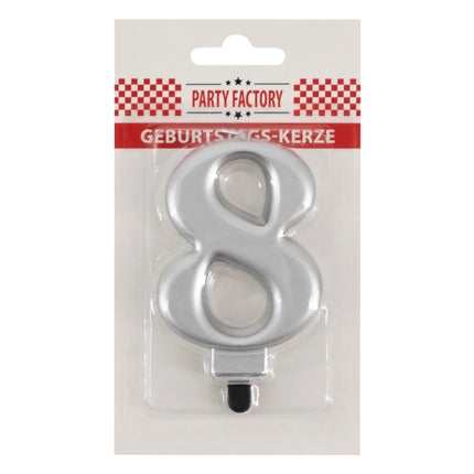 Candela "8 anni" argento metallizzato, 7 cm