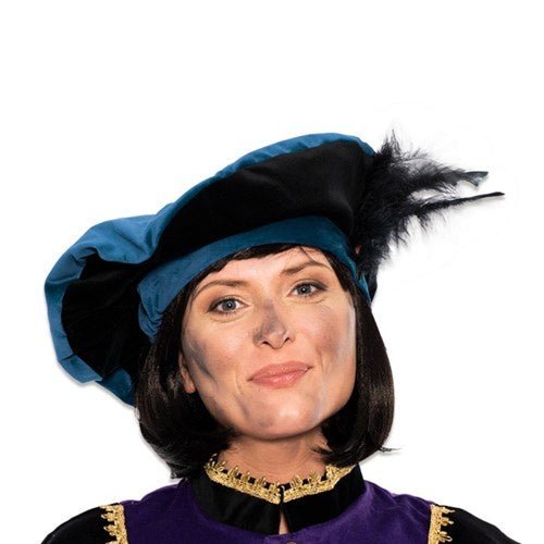 Pietenbaret Fluweel Met Veer Blauw/Zwart van Haza Witbaard koop je bij Partywinkel