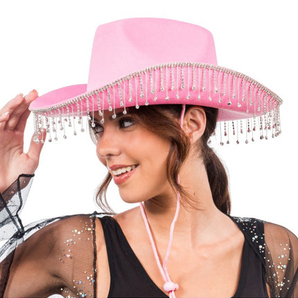 Cappello da cowboy rosa con strass pendenti, taglia unica