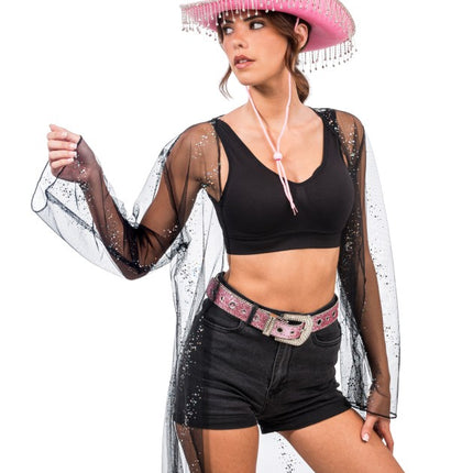 Cappello da cowboy rosa con strass pendenti, taglia unica