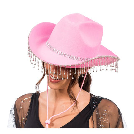 Cappello da cowboy rosa con strass pendenti, taglia unica