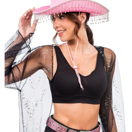Cappello da cowboy rosa con strass pendenti, taglia unica